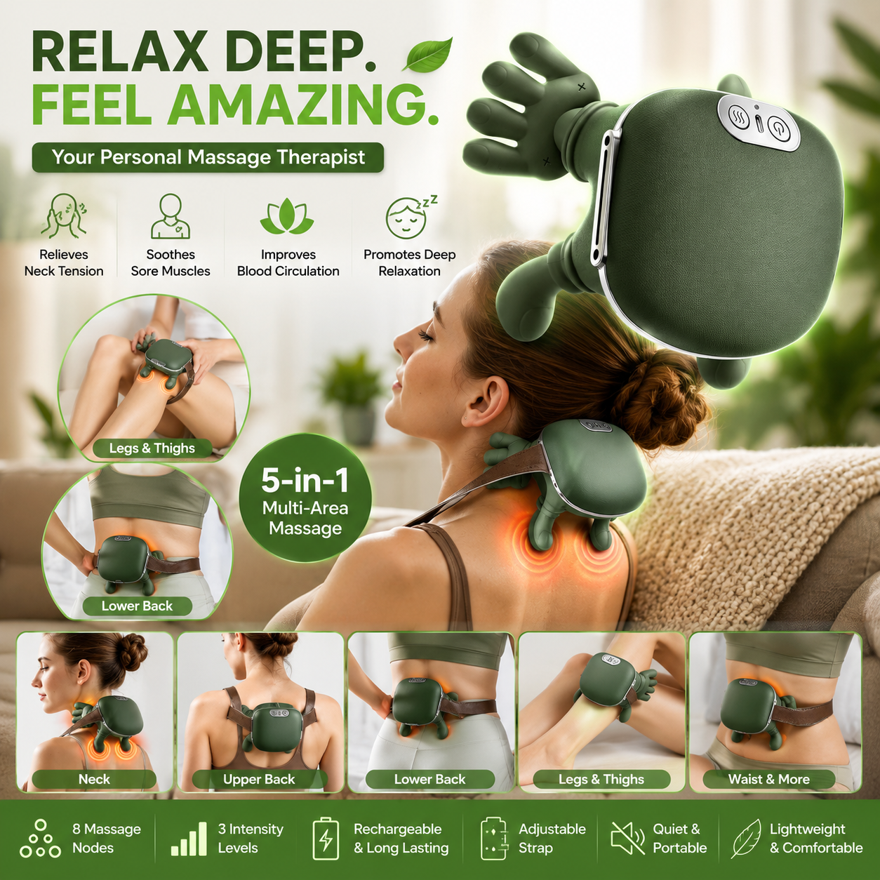 5-in-1 Heated Neck & Shoulder Massager – Deep Tissue Pain Relief Rechargeable Heated Neck Massager